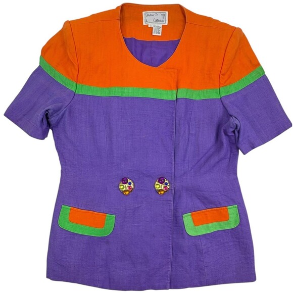 VTG Helene D Collection Linen Colorblock SS Jacket Jeweled Buttons FLAWS 14 - Picture 1 of 16